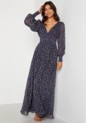 Goddiva Ditsy Long Sleeve Shirred Maxi Dress Navy S (UK10)