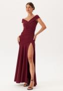 Goddiva Bardot Pleat Maxi Split Dress Wine-red XL (UK16)