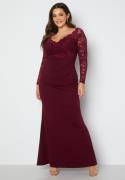 Goddiva Curve Long Sleeve Lace Trim Maxi Dress Dark Wine 48 (UK20)