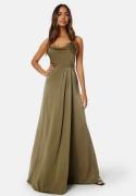 Bubbleroom Occasion Waterfall High Slit Satin Gown Olive green 34