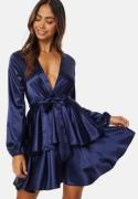 John Zack Satin Deep V Ruffle Skater Dress Navy XXS (UK6)