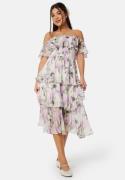 Goddiva Floral Bardot Pleated Midi Dress Multi S (UK10)