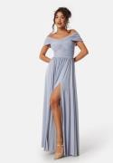 Goddiva Bardot Rouched Maxi Split Dress Light blue XXS (UK6)