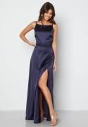 Bubbleroom Occasion Drapy-Back Slit Satin Gown Navy 34