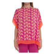 Seventy Blommönstrad Siden Båtformad Poncho Pink, Dam