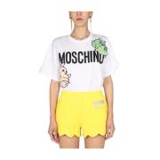 Moschino Logo Print och Patchwork T-Shirt White, Dam