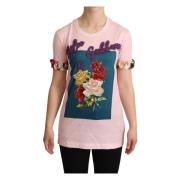 Dolce & Gabbana Rosa Blommig Crewneck T-shirt Pink, Dam