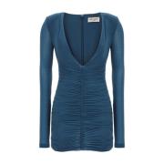 Saint Laurent Cupro Jersey V-Hals Klänning Blue, Dam