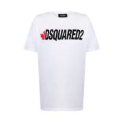 Dsquared2 Vit T-Shirt med Svart Logotyp och Rött Kanadensiskt Löv Whit...