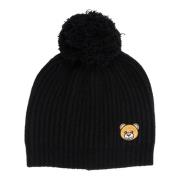 Moschino Enfärgad Teddybjörn Beanie med Logo och Pompoms Black, Dam