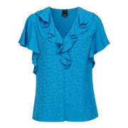 Pinko Blå Jacquard Logo Skjorta med Volanger Blue, Dam