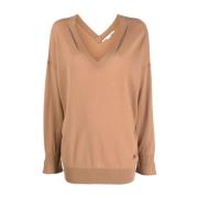 Stella McCartney Beige Logo-Plaque V-Hals Stickad Tröja Beige, Dam