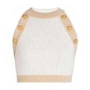 Balmain Ivory Ribbad Viskosblandningstopp Beige, Dam