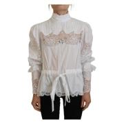 Dolce & Gabbana Vit bomullsskjorta med spetsdetaljer och hög krage Whi...