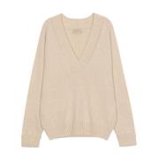 John Smedley Beige Wrap Jersey med Djup V-ringning och Ribbade Detalje...