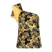 Versace Jeans Couture Nero Ärmlös Top med Guld Logo Print och Ruffle D...