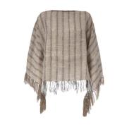 Brunello Cucinelli Vertikalt Randig Fransad Linne Poncho Beige, Dam