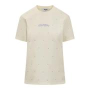 Msgm Rhinestone Logo Crew Neck T-shirt Beige, Dam