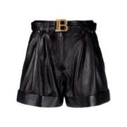 Balmain Läder Shorts med Logo-Spänne och Guldtonad Maskinvara Black, D...