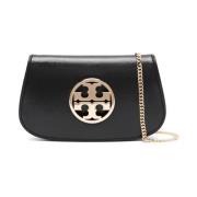 Tory Burch Svart Läder Axelväska med Guld Logo Plakett Black, Dam