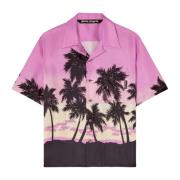 Palm Angels Kortärmad Siden Bowling Skjorta - Rose Sunset Grafiskt Try...