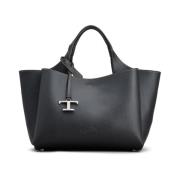 Tod's Svart Läder Toteväska med Logo Plaque Black, Dam