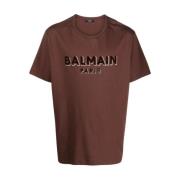 Balmain Brun Flocked Logo T-Shirt Brown, Herr