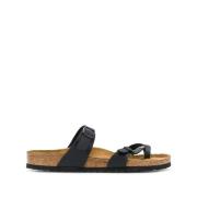 Birkenstock Svarta Läder Flip Flops med Dubbelrem Black, Dam