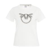 Pinko Ribbad Crew Neck T-shirt med Strassapplikation White, Dam