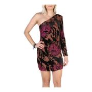 Guess Blommig One Shoulder Klänning med Sammet Inlägg Black, Dam