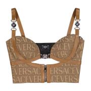 Versace Tryckt bomullsbustier med läderdetaljer Brown, Dam