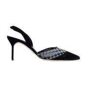 Manolo Blahnik Svarta mocka- och rutnäts slingback-mules Black, Dam