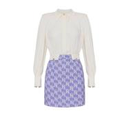 Elisabetta Franchi Dubbel Georgette Skjortkjol med EF Logo Print White...