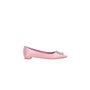 Manolo Blahnik Siden Satin Juvelspänne Platta Skor Pink, Dam