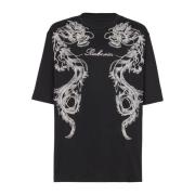 Balmain Broderad drak T-shirt med strass-stenar Black, Herr