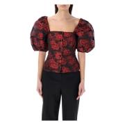 Ganni Botanisk Jacquard Ballongärmad Top Red, Dam