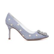 Manolo Blahnik Denim Daisy Häl Skor Blue, Dam