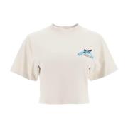 Off White Cropped Butterfly T-shirt med Logo Print Beige, Dam