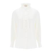 Alexander McQueen Siden satin skjorta med volanger White, Dam