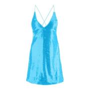 Ganni Paljettklädd V-Ringad Miniklänning Blue, Dam