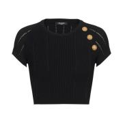 Balmain 3-knappig finstickad topp Black, Dam