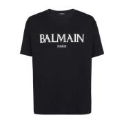 Balmain Oversized T-shirt med Gummi Logo i Svart Black, Herr