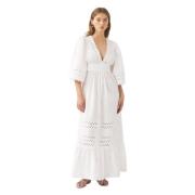 Antik Batik Bomull poplin öppen arbets maxi klänning Rodo White, Dam