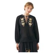 Antik Batik Blus handbroderad med silkegarn Ila Black, Dam