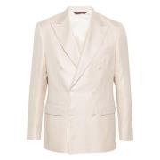 Canali Herringbone Dubbelknäppt Blazer Beige, Herr