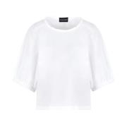 Emporio Armani Vit Poplin Blus med Kort Ärm och Knutna Band White, Dam