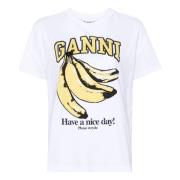 Ganni Vit Tryckt Frampanel T-shirt White, Dam