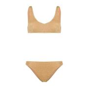 Oseree Guld Lurex Bikini U-Hals Stil Beige, Dam