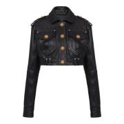 Balmain Topstitched cropped läderjacka Black, Dam