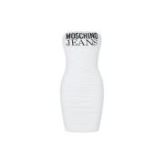 Moschino Kort Draperad Klänning Räfflade Axlar Logotyptryck White, Dam